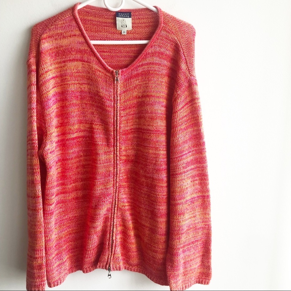 Cousin Johnny Anthropologie orange pink zipper sweater size large